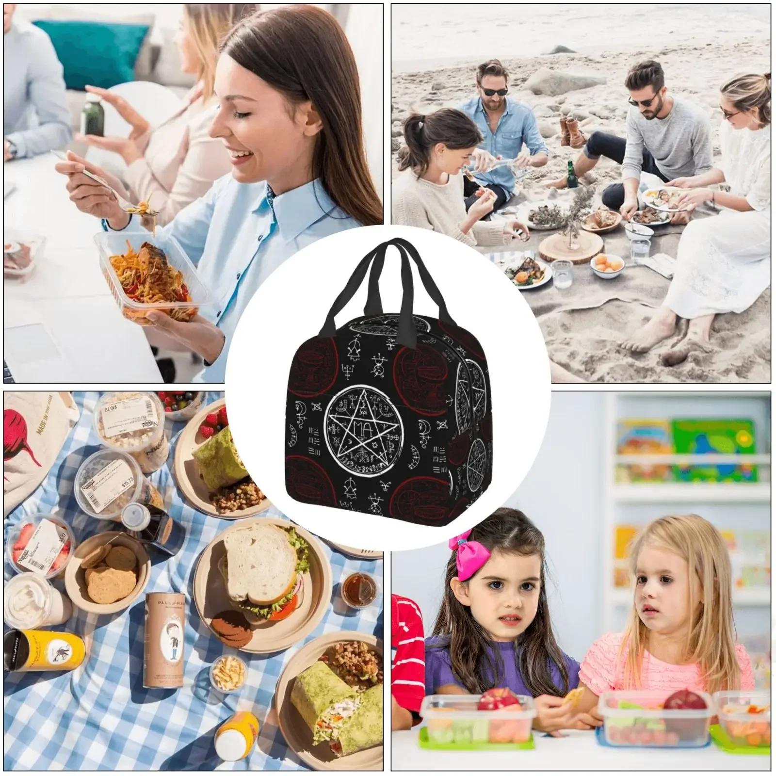 Pentagram and Mystic Symbols Print Portable Lunch Boxes Waterproof Thermal Cooler Food Insulated Lunch Bag Kids School Children