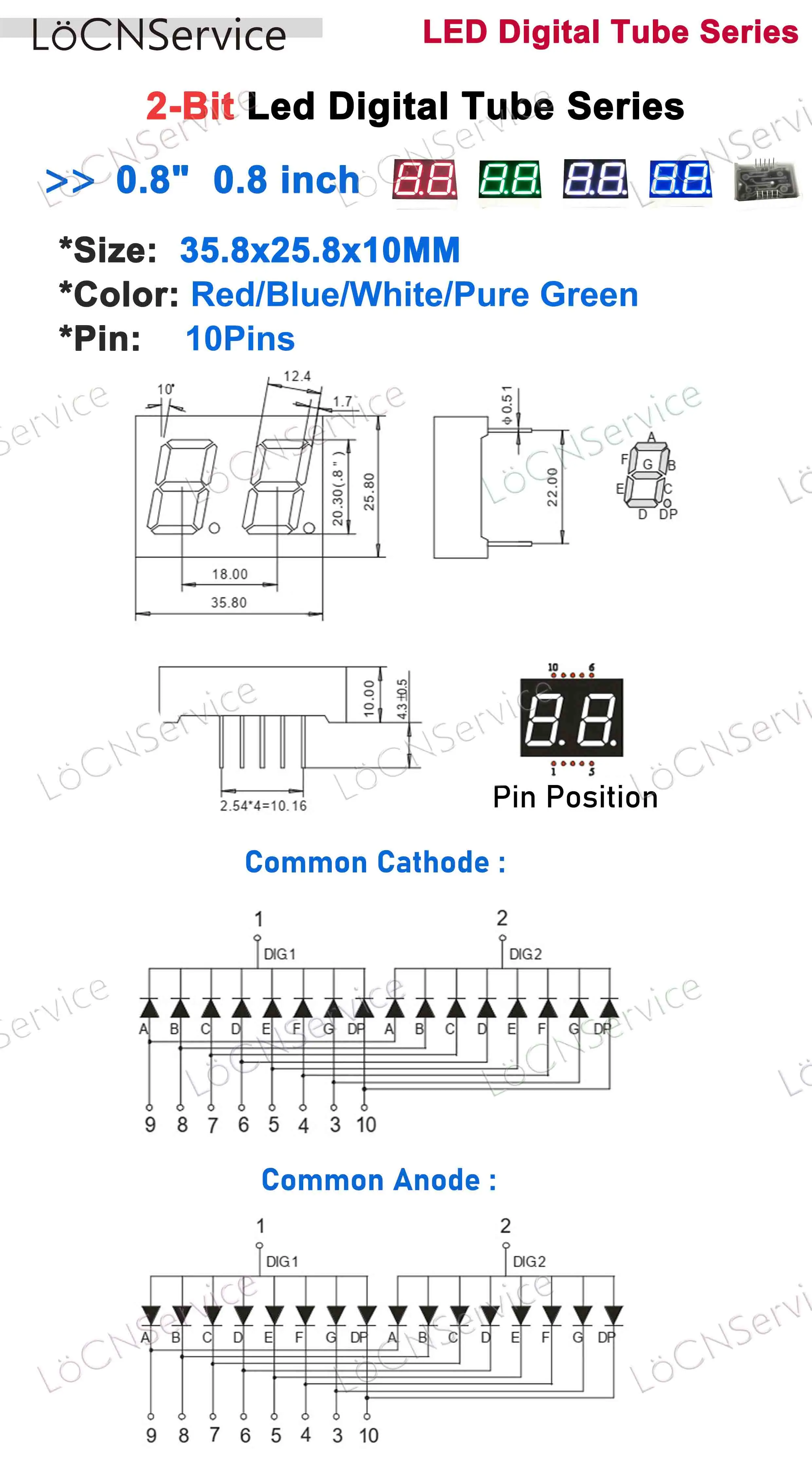0.8 inch LED Display Digital tube 2 bit RED BLUE WHITE PURE GREEN Common Cathode Anode High Bright Clock Display 0.8inch 50PCS