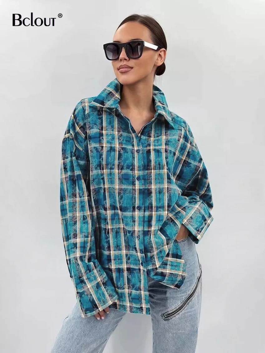 Bclout Casual Blue Plaid Shirts Blouses Women 2024 Street Cotton Long Sleeve Loose Shirts Fashion Single Breasted Blouses Coats