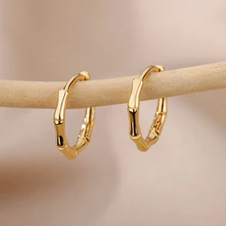 Pendientes de aro de junta de bambú para mujer, aretes redondos de acero inoxidable de Color dorado, joyería para la oreja, regalo de cumpleaños