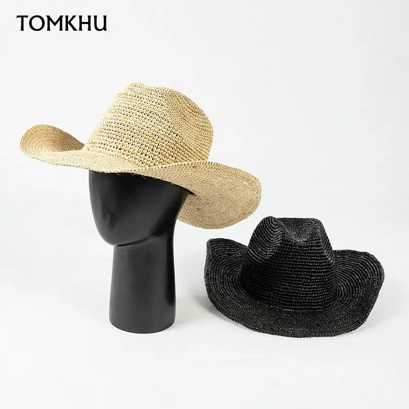 New Summer Designer Style Handmade Hooked Raffia Straw Hat Panama Jazz Hats Women High Quality Sun Hat Upright Edge Cowboy Hat