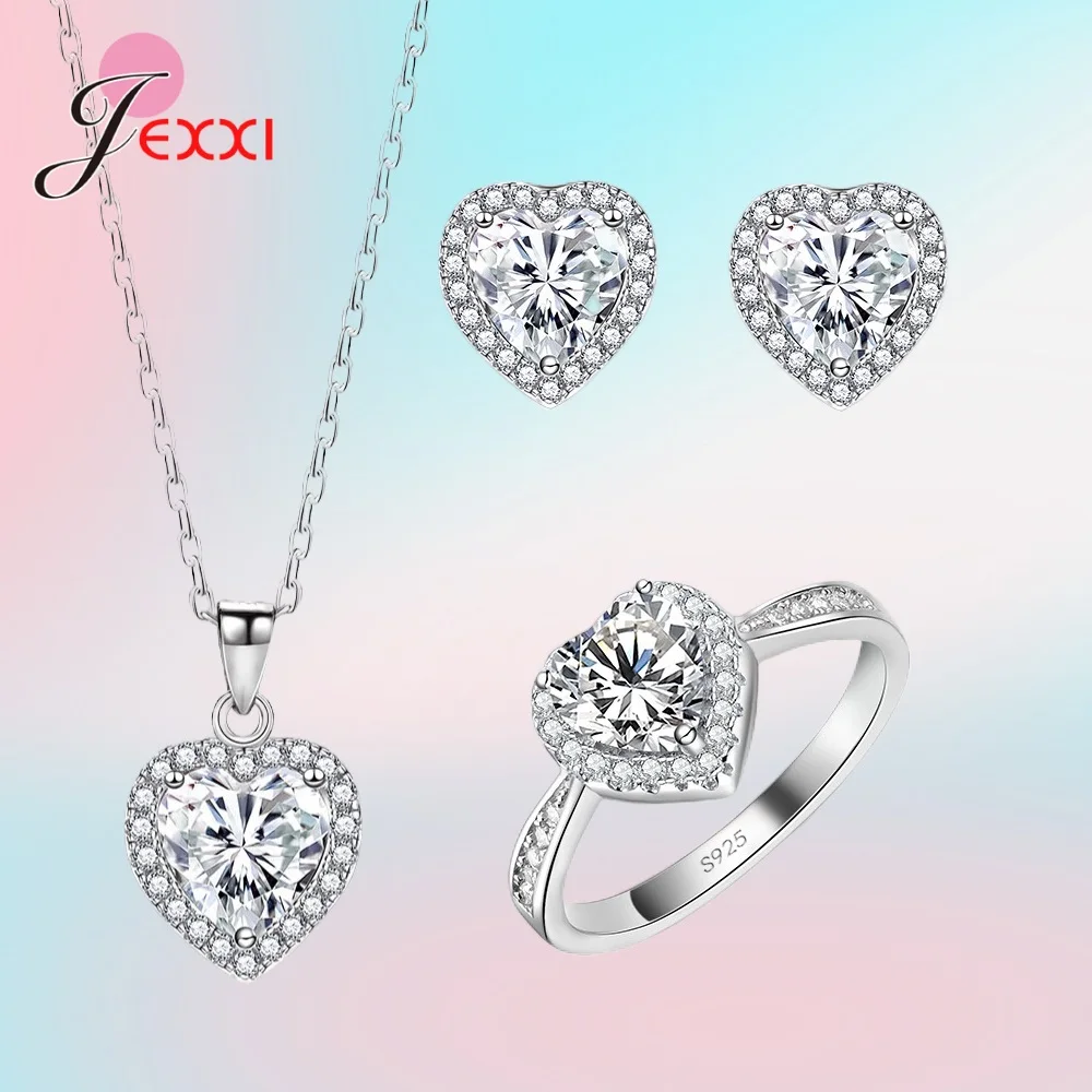 

925 Sterling Silver New Arrival Heart Shape Smart Wedding Engagement Gift Necklace Earrings Ring Jewelry Sets For Women Girls