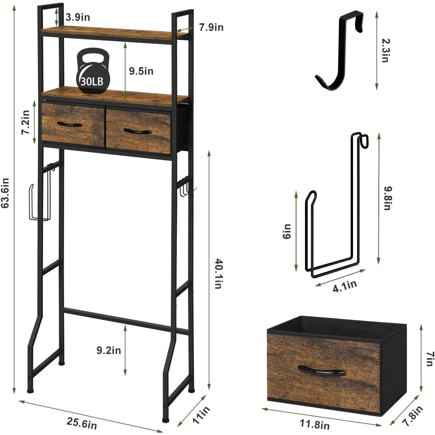 خزانة تخزين فوق المرحاض مع أدراج قماشية - منظم أرفف الحمام موفر للمساحة، يناسب معظم المراحيض، بني ريفي #2