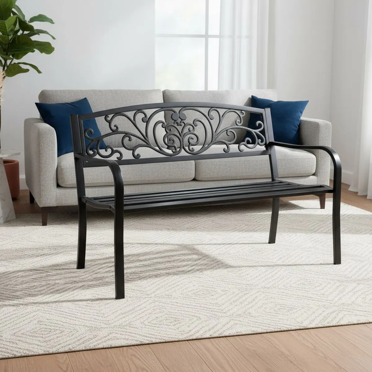 Steel Outdoor Bench Garden Patio Furniture Floral Back Slatted Seat Black