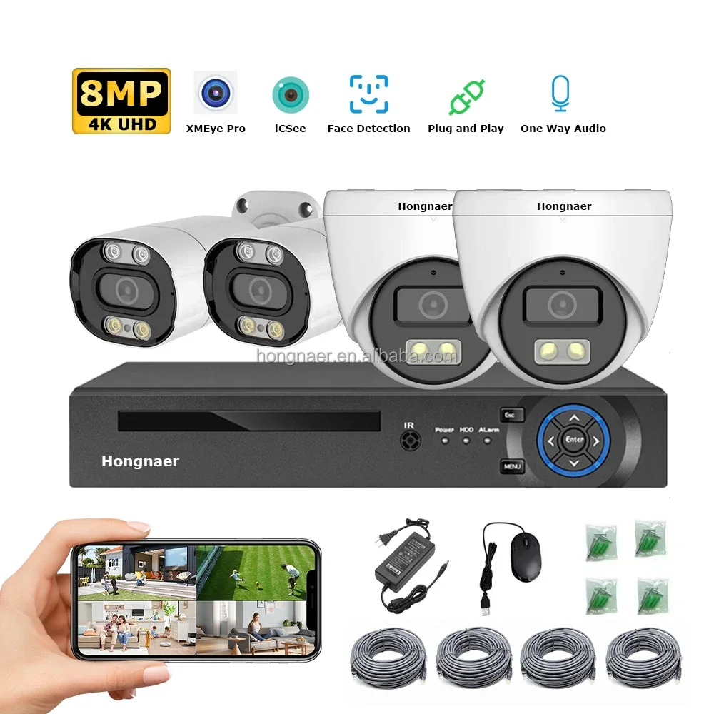 2026 Hongnaer 4CH Face Detection IP POE NVR Home CCTV Video Surveil Security Camera Set Kit System 4K 8MP Wireless CCTV Camera S