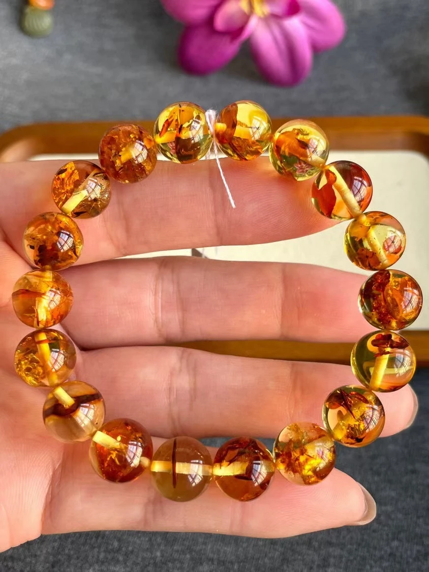 

Genuine Natural Piebald Amber Orange Clear Round Beads Bracelet 11mm Women Men Fashion Rare Healing Stone AAAAA