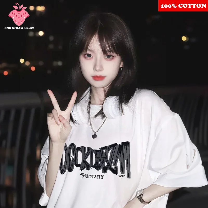 

American Street Letter Print T-shirt Women Summer 2025 New 100%Cotton Short sleeve White Tee Loose Casual Y2k Top Female clothes