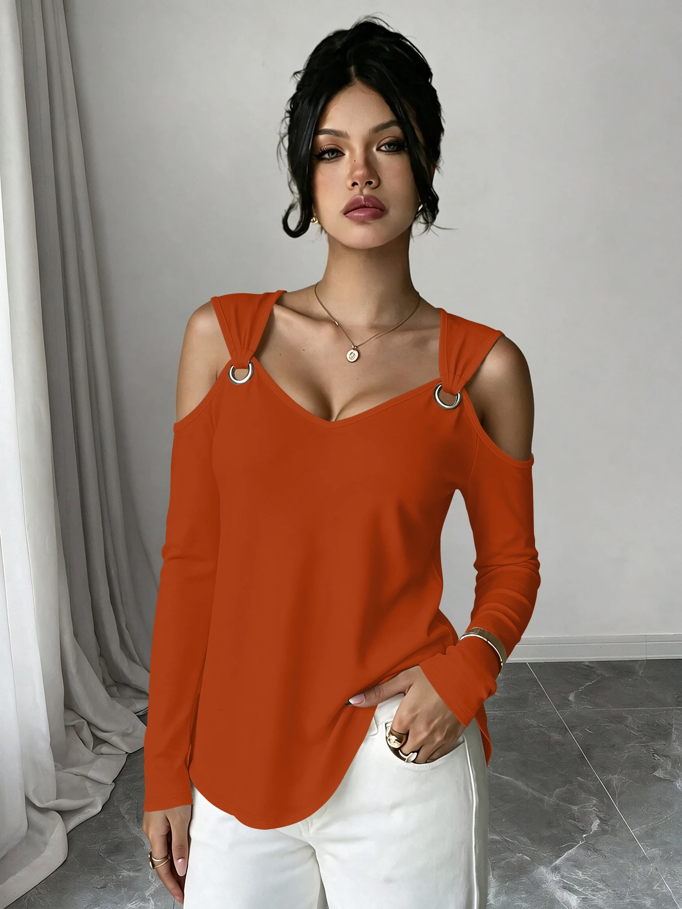 Women Cold‑Shoulder Long Sleeve Top V‑Neck O‑Ring Decor Cutout Shoulder Blouse Casual Slim Fit Curved Hem Shirt Daily Wear