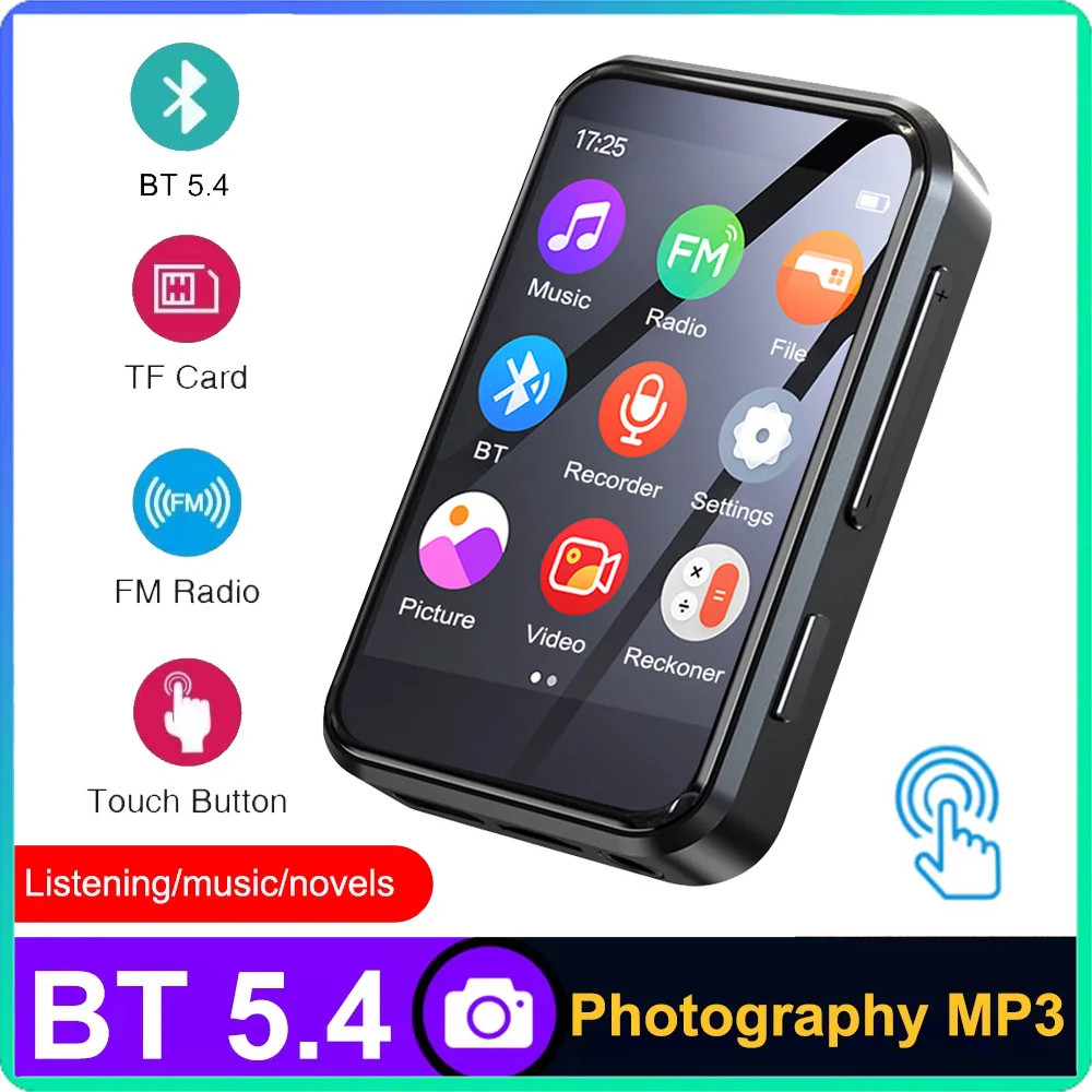 16-64GB MP3 Music Player With Bluetooth 5.4 HiFi MP3 Music Player 2.4''Touch Screen MP4 Built-In Speaker RecorderCamera Video FM