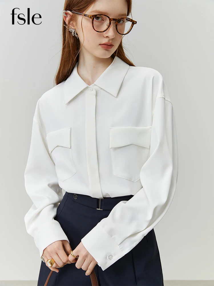 FSLE Professional Office Worker White Shirt for Women Niche Design Sense Big Pocket Commute Long-sleeved Shirt Female Autumn New