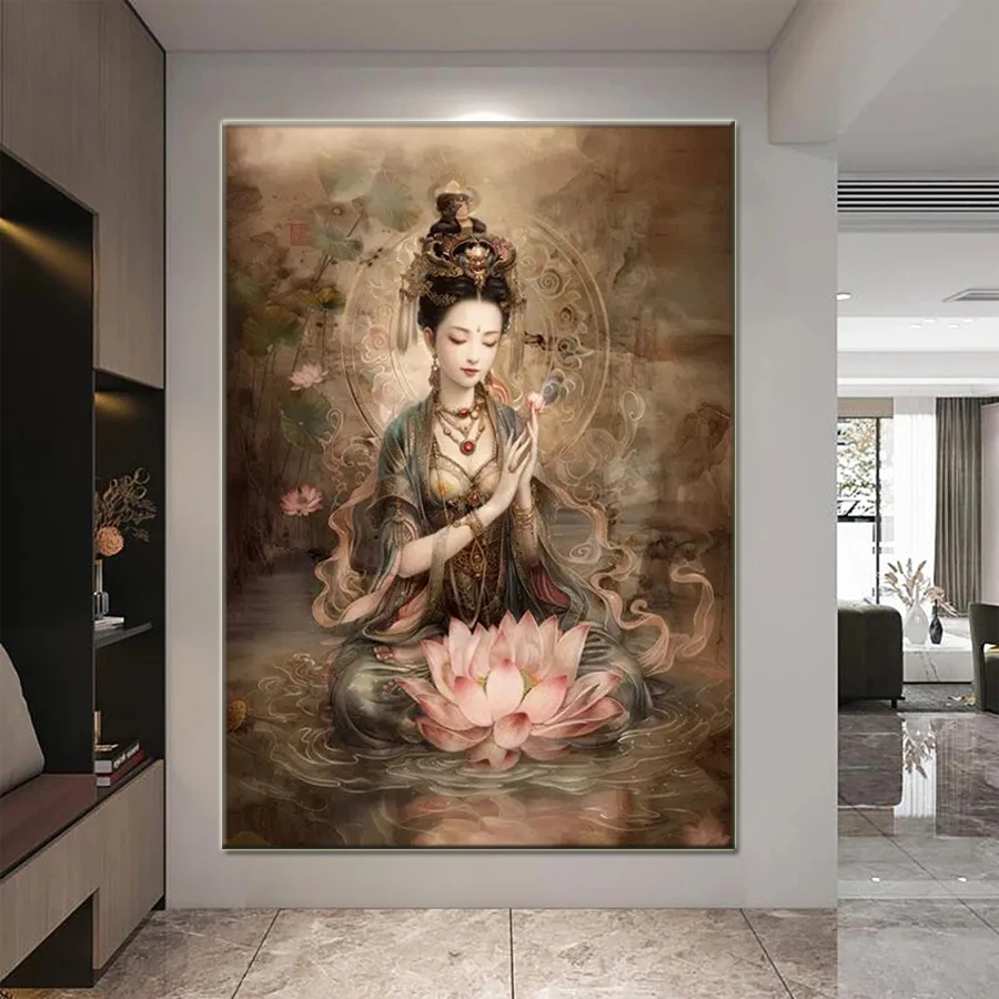 

Лотос Гуаньинь Будда Алмазная вышивка крестиком наборы 5D алмазная живопись мозаика китайская религия полная дрель домашний декор