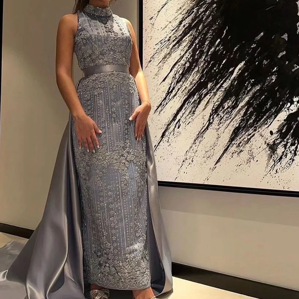 

Customized Exquisite Pleats Crystal Belt High Collar Panel Train Evening Dresses Classic Straight Satin Sleeveless Party Gowns