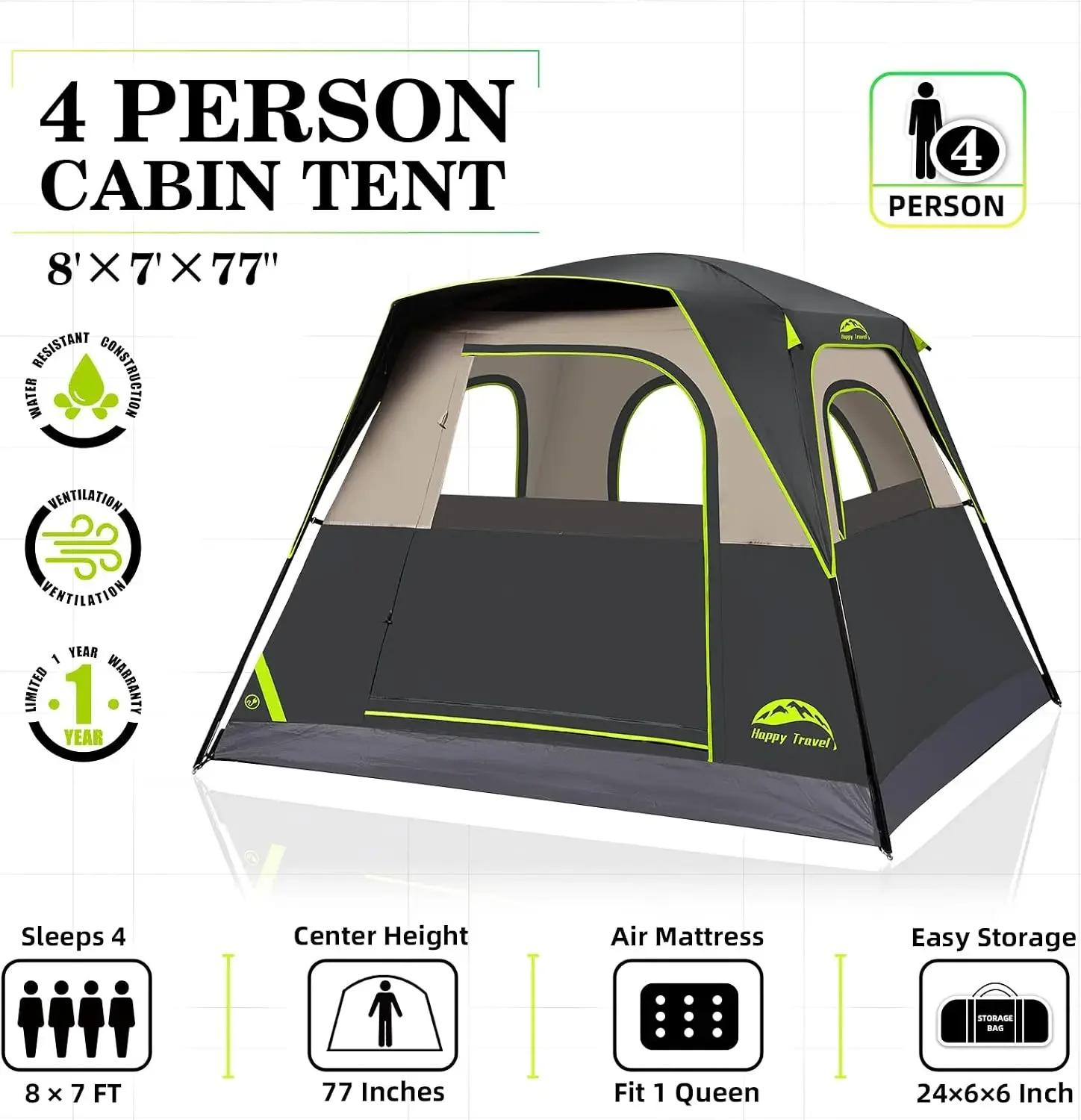 Tent 4 Person Tents for Camping, Tall Cabin Tent with Rainfly | Waterproof Portable Easy Setup Camping Tent with 4 Mesh