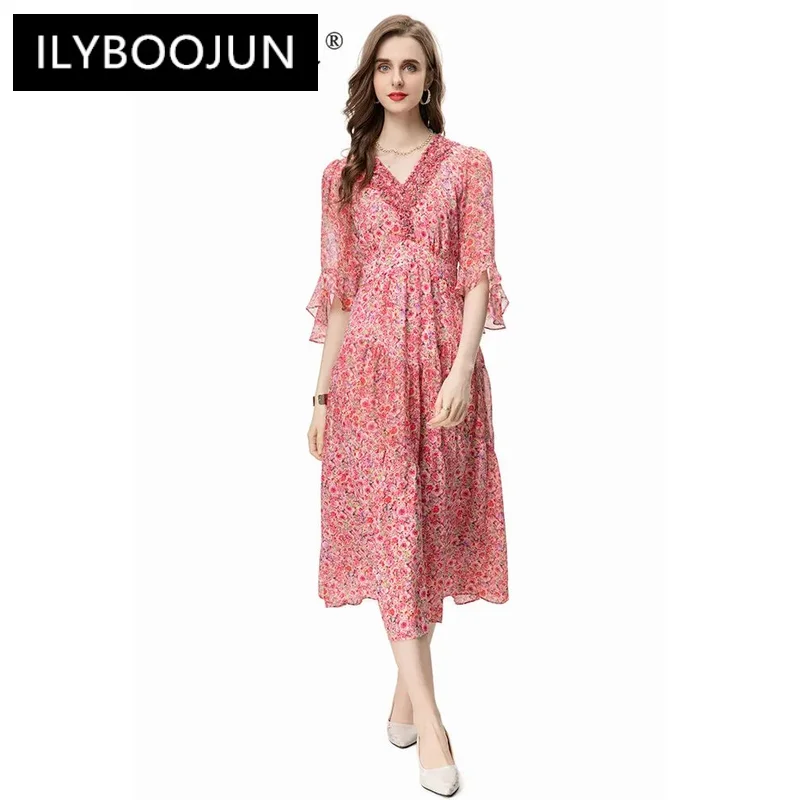 

ILYBOOJUN Fashion Designer High Quality Women Dress Bohemian Small Floral Print Beading Chiffon Elastic Waist midi Dresses