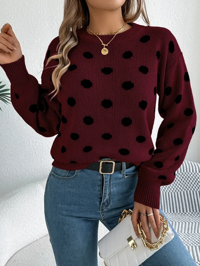 

2025 Casual Round Neck Lantern Long Sleeve Pullover Autumn Winter Fashion Polka Dot Pattern Knitted Sweaters Women