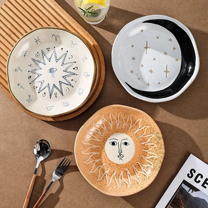 American UO Stoneware Hand-pinched Underglaze Color Bohemian Dish Plate Starry Moon Deep Plate Salad Dinner Plate