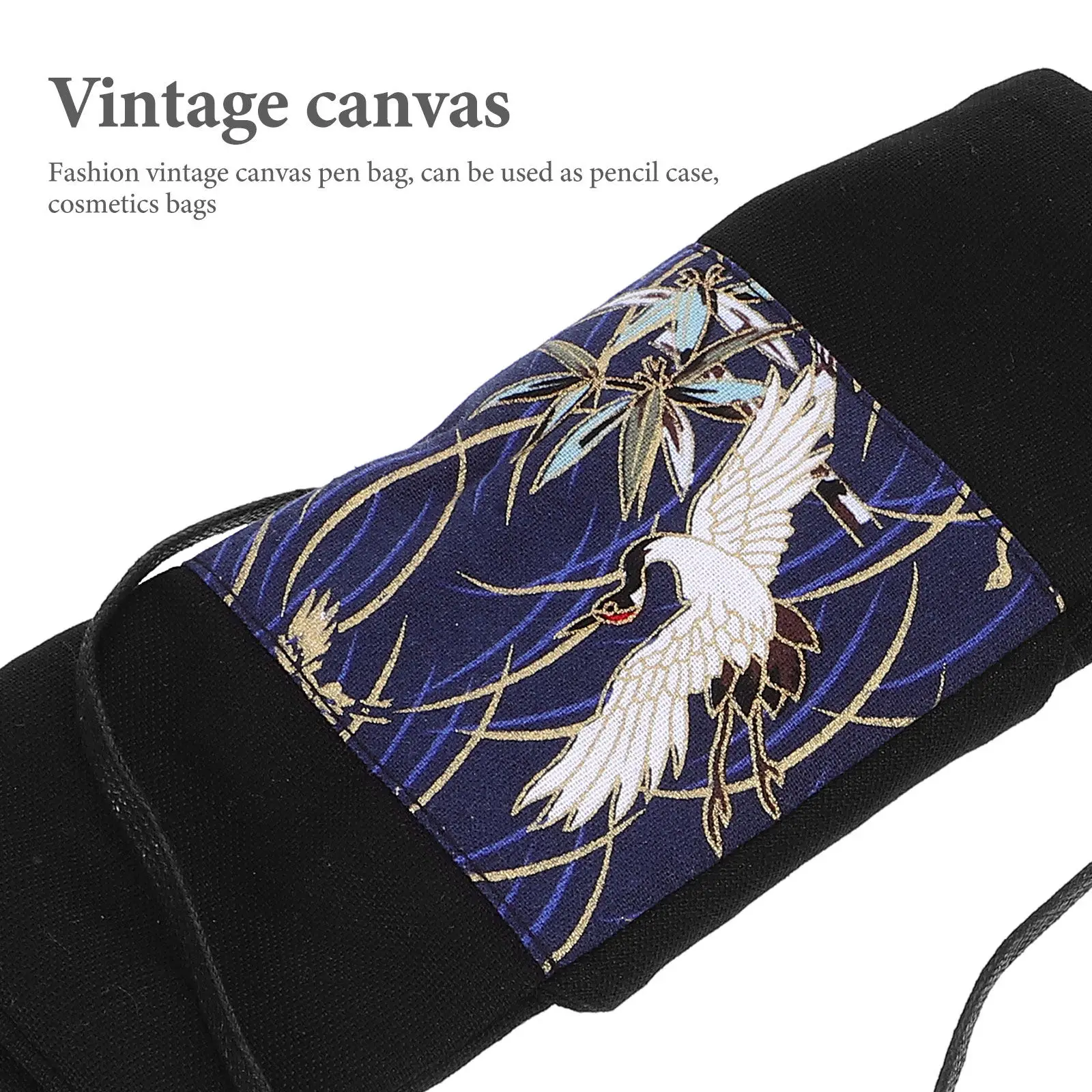 Cotton Canvas Roll Up Pencil Case Vintage Pen Bag Organizer with Chinese Painting Design for Kids