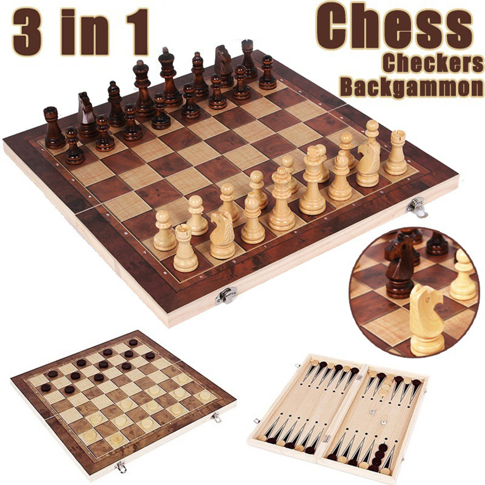 Juego de ajedrez 3 en 1, almacenamiento plegable, juegos de tablero de ajedrez de madera, juego de ajedrez exquisito, juego de ajedrez y damas para niños adultos