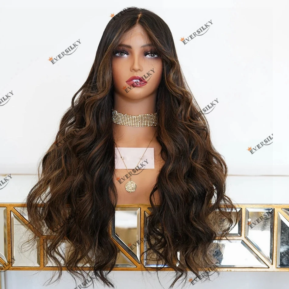 #2 Darkest Brown Root Caramel Highlight Body Wave Human Hair Indian Remy Lace Front Wig for Women 200Density Glueless U Part Wig