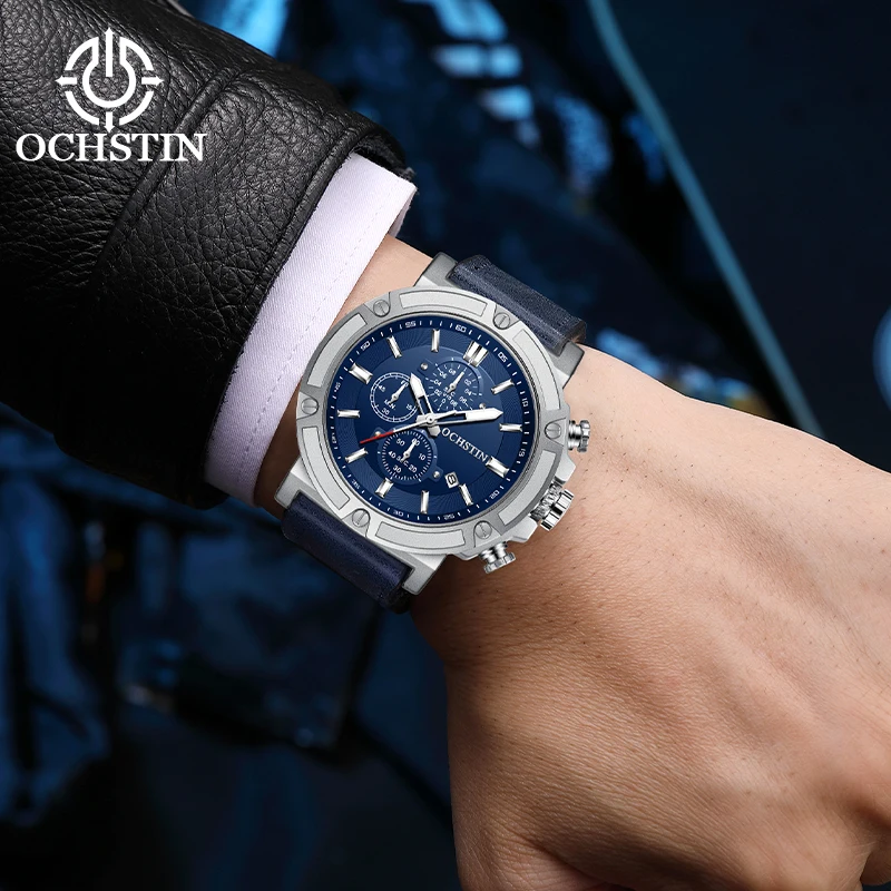 OCHSTIN Man Long-wearing Flexible Leather Strap Watches Men's Tactical Big Size Aviator Dress Multifunctional Quartz Male Watch