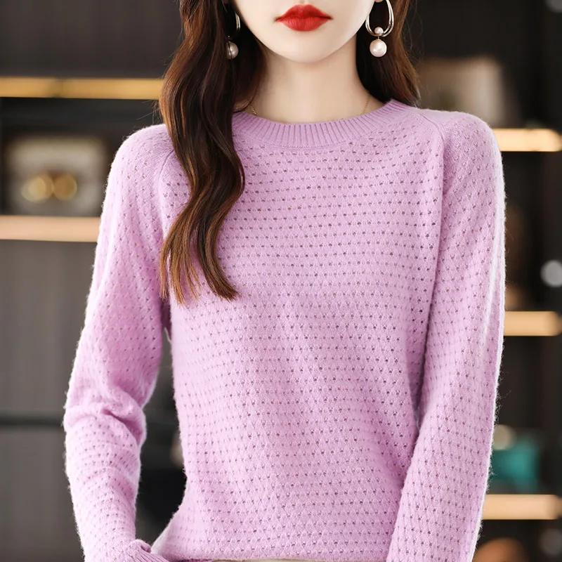 YSC2024 Women's Classic Pure Wool Seamless Round Neck Hollow Pullover Long Sleeve High Quality Warm Knitted Sweater