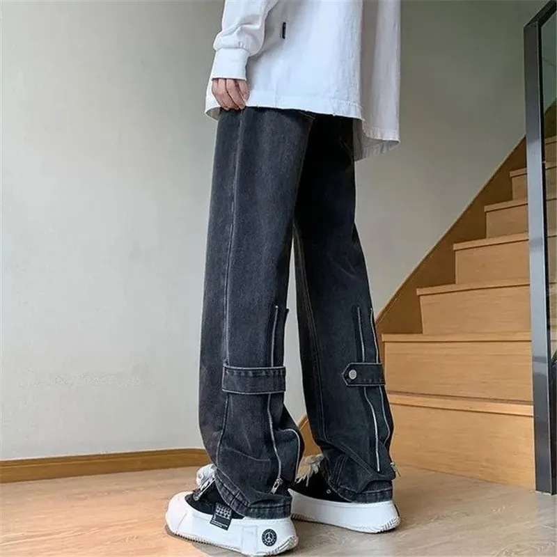 Vintage Jeans Men's High Street Y2K Straight Leg Pants Mid-waist Button Zipper Pocket Loose Trousers Spring Male Clothing YY028