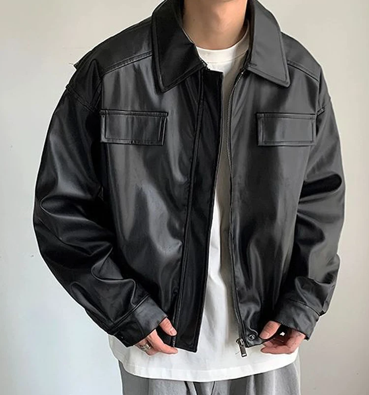 Men's Casual Texture PU Leather Jacket High Street Zippers Turn-down Collar Long Sleeve Retro Coat with Pocket Spring Autumn