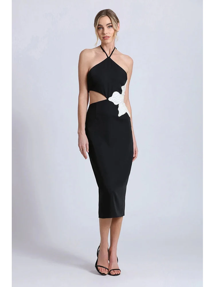 

Sexy Halter Neck Flower Beading Design Bandage Dress Women Black Sleeveless Cut Out Bodycon Midi Dresses Celebrity Party Gowns