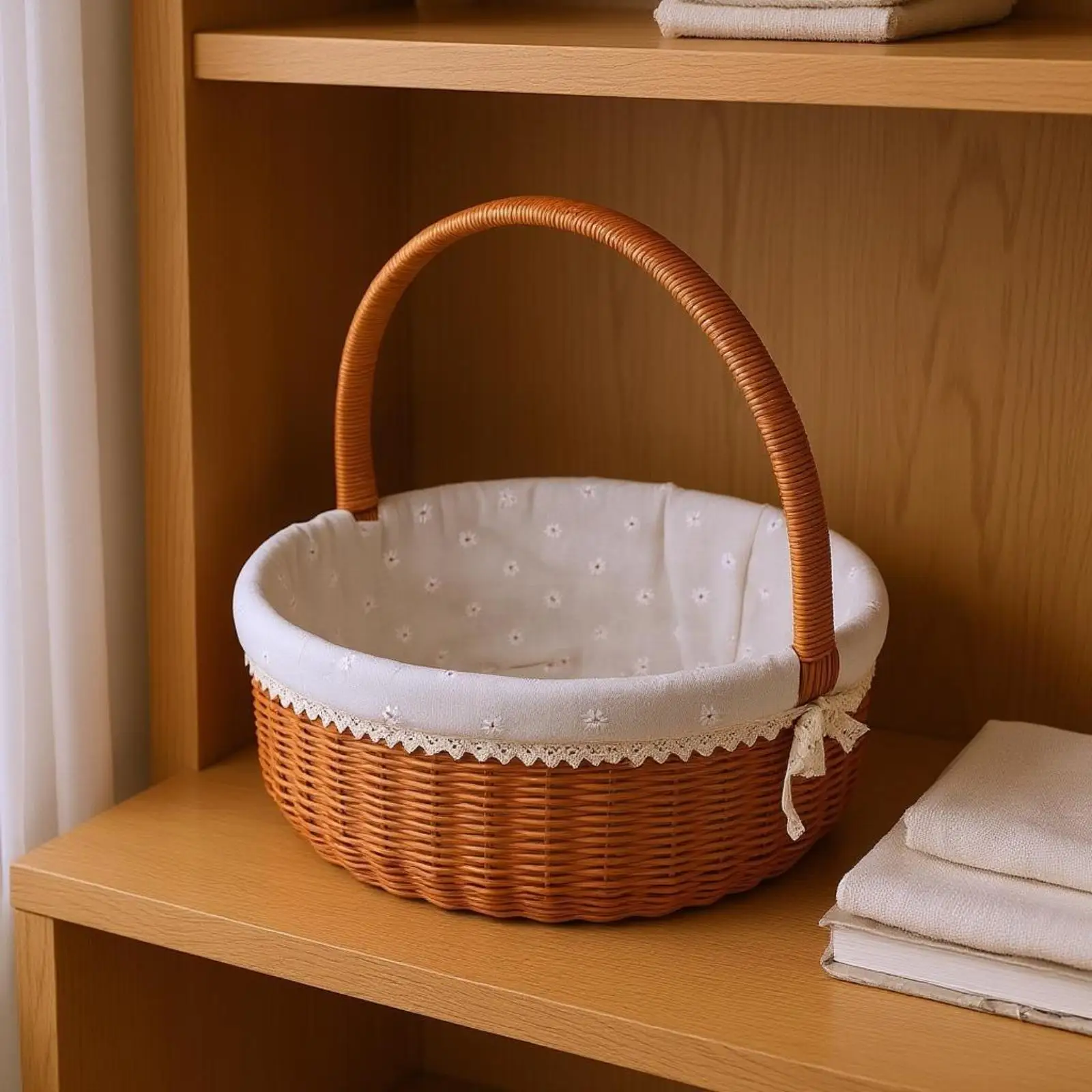 Tall Handle Picnic Basket Floral Textile Lined Round Woven Storage Basket for Snacks Fruit Home Use Camping