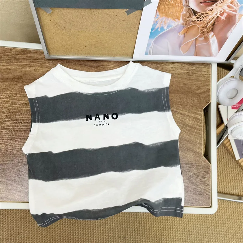 Boys T-shirts Pure Cotton Tank Top 2026 Summer New Baby Stripe Sleeveless Top Fashionable Children Thin Versatile Clothing