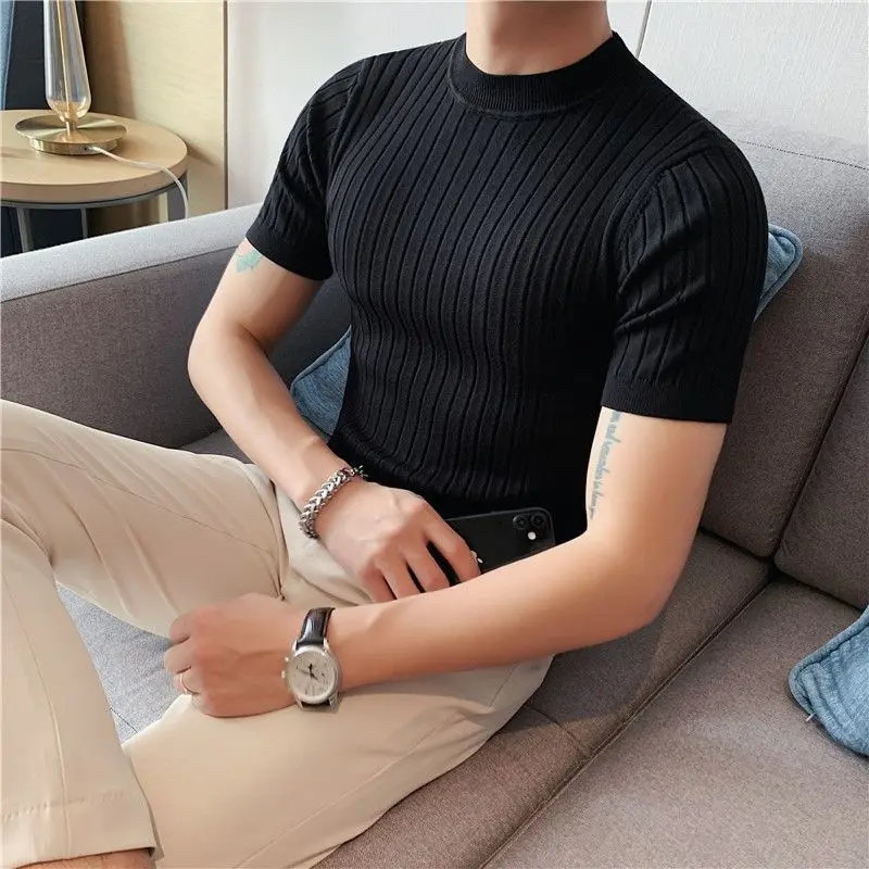 Thicken Men Clothing Slim Bottoming Knitted T-Shirts Korean Summer Streetwear Fashion Short Sleeve Solid Versatile Casual Tops