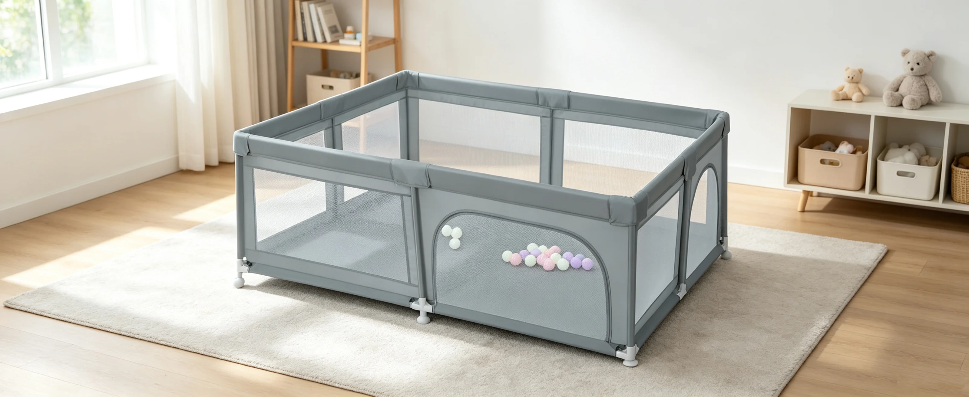 Baby-Laufstall, Indoor- und Outdoor-Laufstall, Baby-Spielbereich inklusive 50 Ozeanbällen, Hellgrau/Dunkelgrau/Grün/Schwarz, 120X120X66Cm/180X120X66Cm/205X147X66Cm – Detail 1