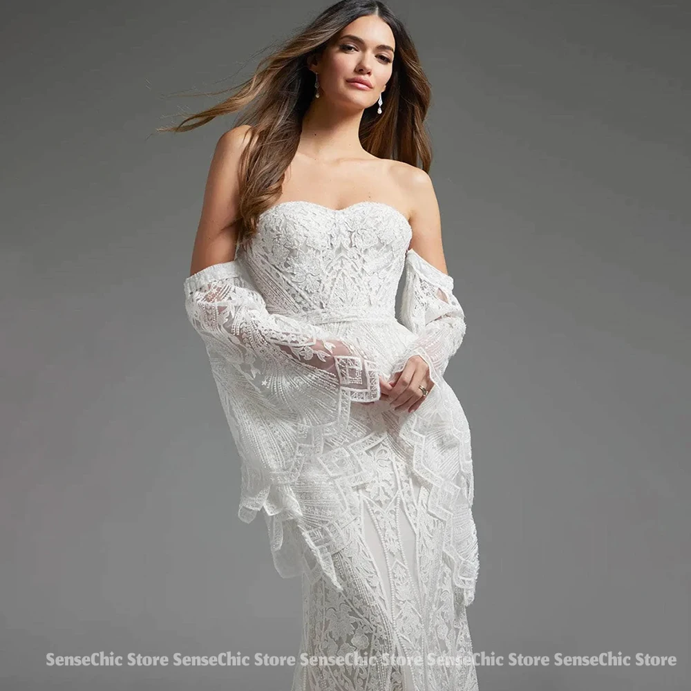 Vestidos de novia sexy Sirena Corea Encaje Mangas desmontables Vestido de novia de playa Vestido de recepción de boda pils 40.Personalizado