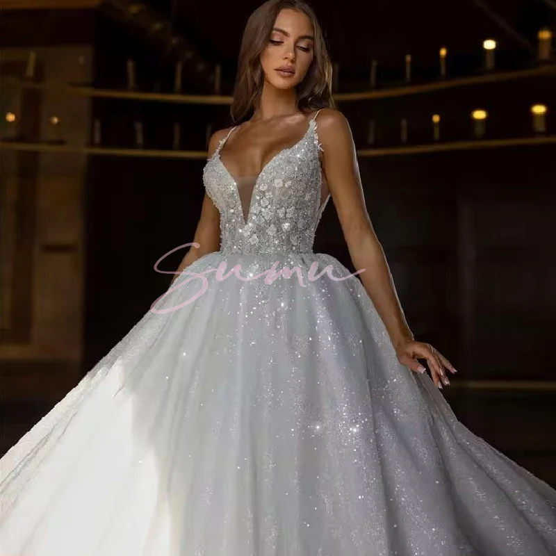 تخصيص مستقيم الاجتياح العنق بريق اللؤلؤ فستان الزفاف بلا أكمام الوهم زين فستان زفاف TrainAbito da s