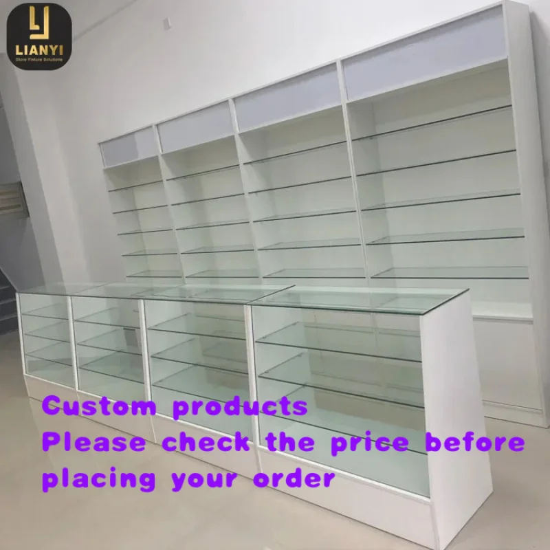 custom.Factory economical wooden counter glass display cabinet，BeltledLamp，Suitable retail stores