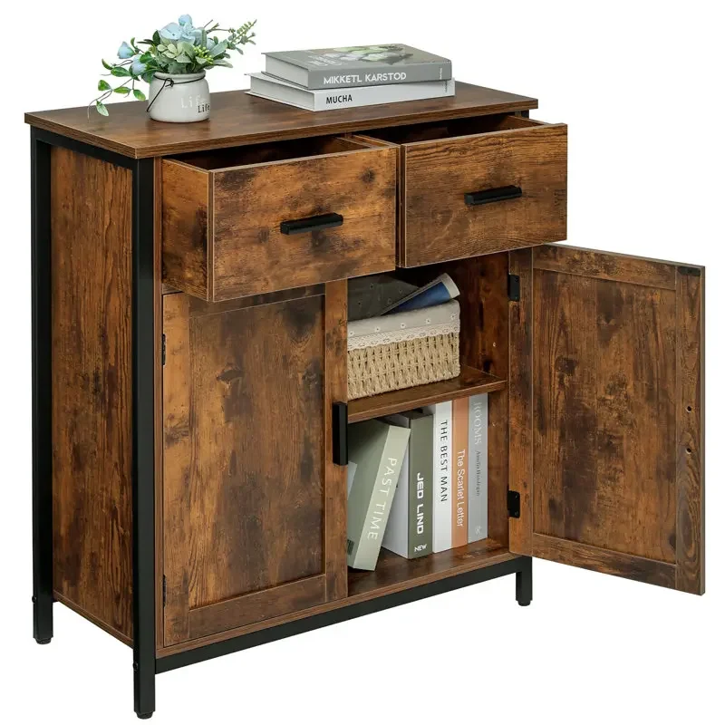 

-Pine Wood Accent Cabinet Rustic Chest Of Drawers Tall Dresser Drawers With Sturdy Metal Frame Kitchen Cabinet For Living