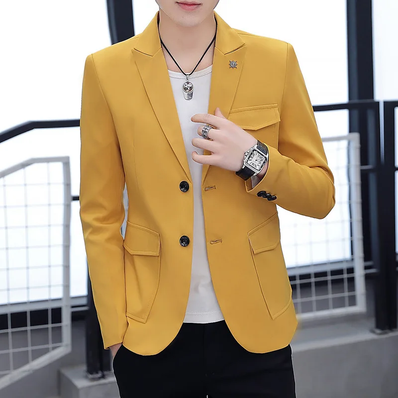 

HOO 2023 Men's Slim Fit Multi-Pocket Leisure Suit Jacket Autumn Youth Fashion and Handsome blazers