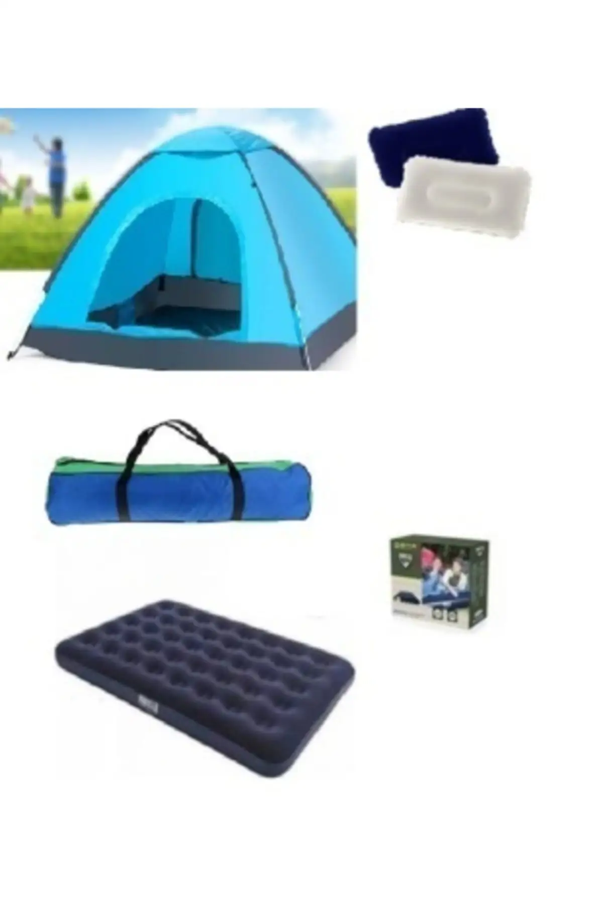 Camping Tent Set - 6 Person Tent Inflatable Mattress Pump 2 Pillows