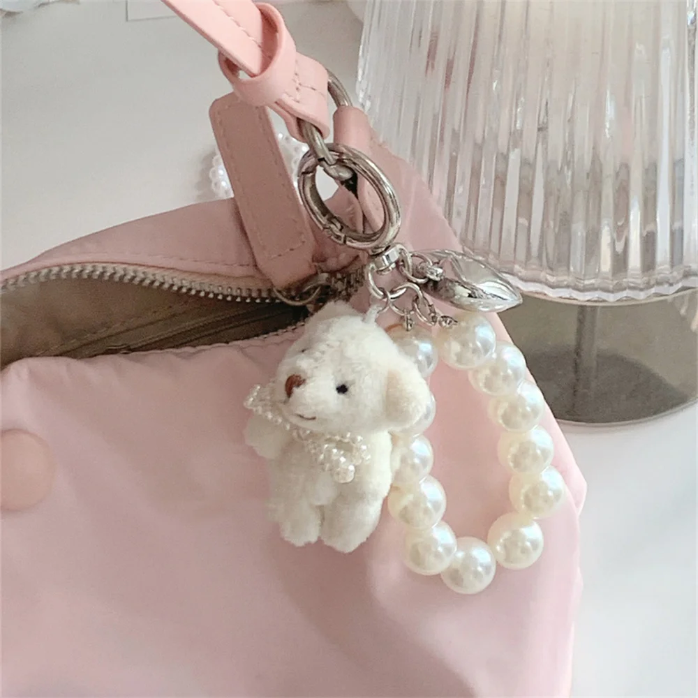 Korean Cute Fluffy Plush Bear Pearl Bowknot Pendant Keychain For Car Keys iPhone Accessories Trendy Heart Keyring Women Handbag