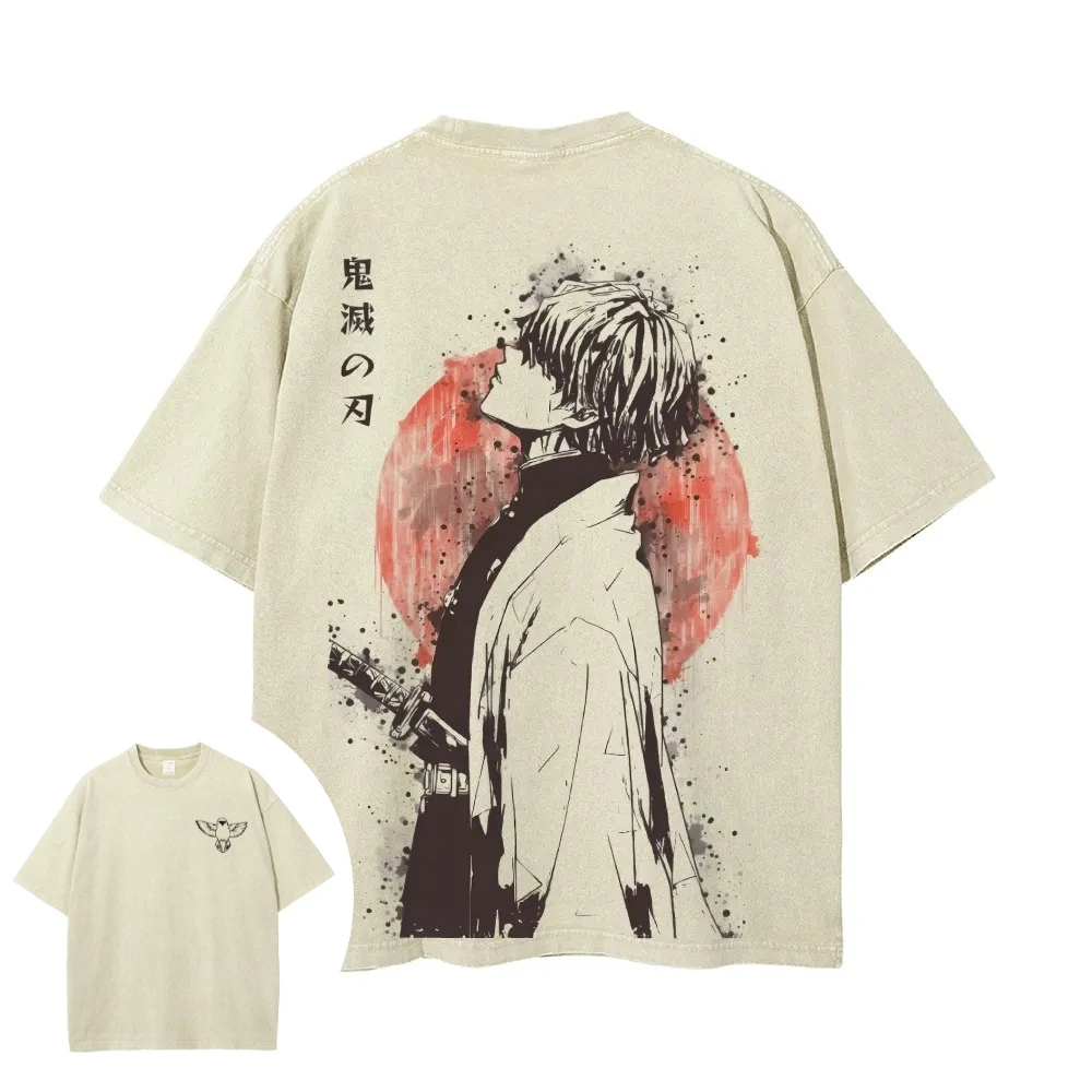 Demon Slayer Herren- und Damen-T-Shirt im Used-Look Zenitsu Agatsuma Sommer Frühling Anime Tee Retro Distressed Persönlichkeits-Kurzarmshirt