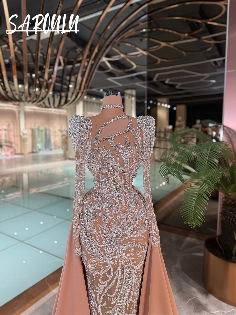 

Rhinestone Embellished Evening Gown With Train Opulent Mermaid Illusion Prom Dress Customized Beaded Formal Events Wear