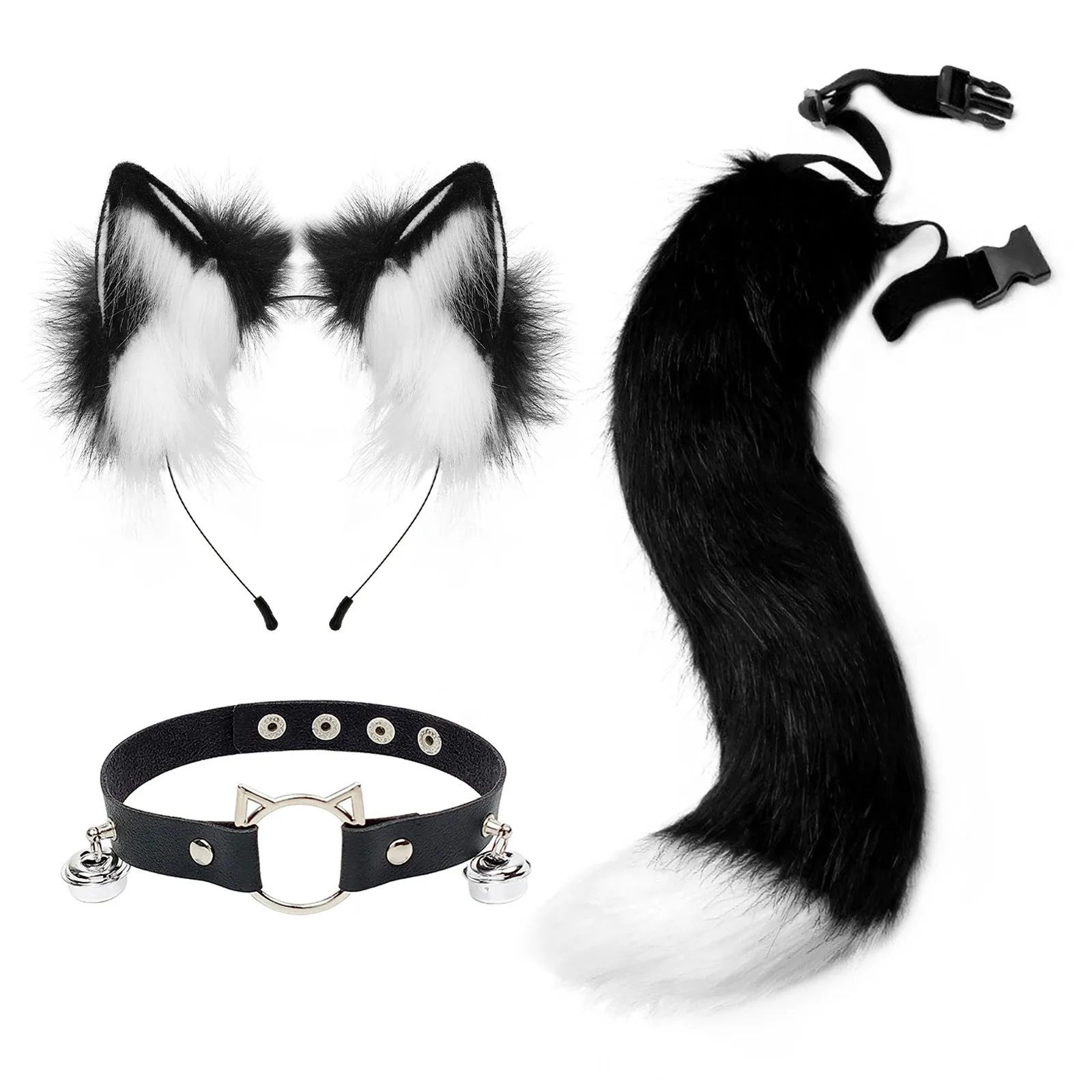 3pcs Faux Fur Cat Ears Headband Wolf Fox Animal Tail Set, Cosplay Costume Headdress Leather Choker for Halloween Party Roleplay