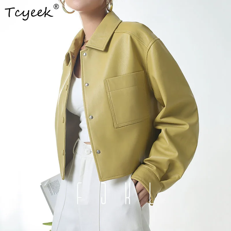 High Quality Leather Women's Jacket Autumn Short Simple Loose Pocket Single Breasted Suit Lapel Motorcycle Sheepskin Jacket