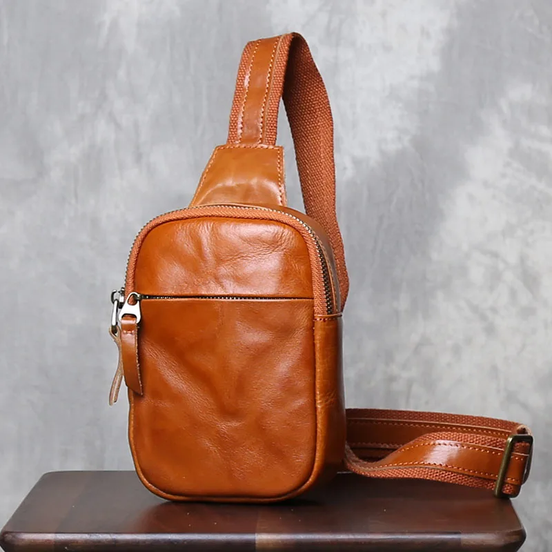 Retro Tanned Leather Men's Handmade Chest And Top Cover Layer Cowhide Crossbody Backpack Leather Personalized Casual Men's Bag