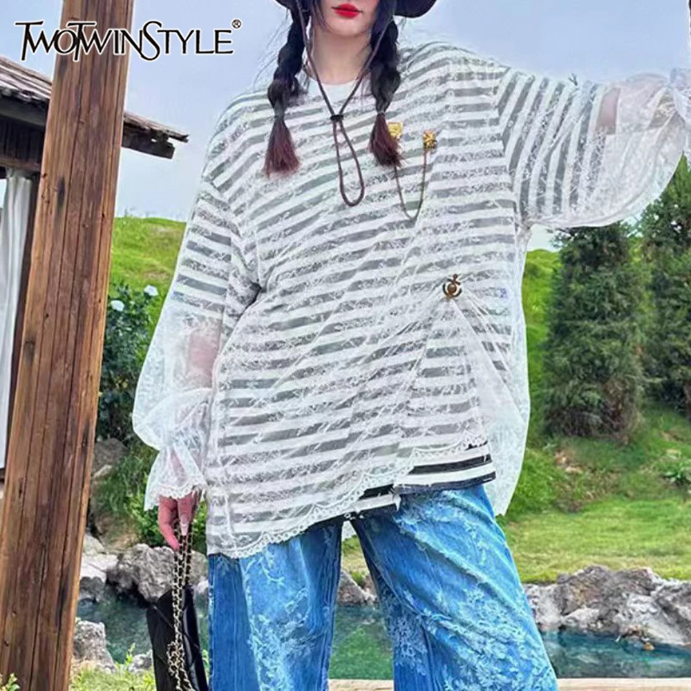 

TWOTWINSTYLE Black Spliced Stripe Female Shirt O Neck Long Sleeve Loose Casual Basics Patchwork Mesh Women's Shirts Fashion New
