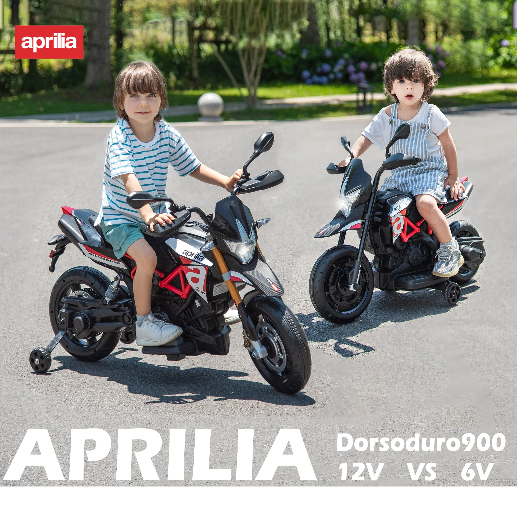 Aprilia 전기 오토바이, 어린이 오토바이, 훈련 바퀴 포함, LED 조명, 소리 및 음악, 타자, 레드 라이드 온 장난감, 6V