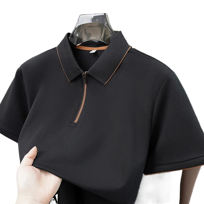 Light Luxury Brand Short Sleeved Men Polo Shirt Summer Fashion Lapel Metal Half Zipper Design Boutique Top Cotton Casual T-shirt