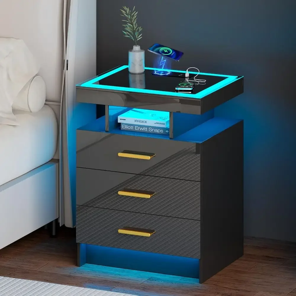 Wireless Charging LED Nightstand with Glass Top, 3 Drawers, 3-Color Dimmable Light, USB-C Port, Black Bedroom Side Table