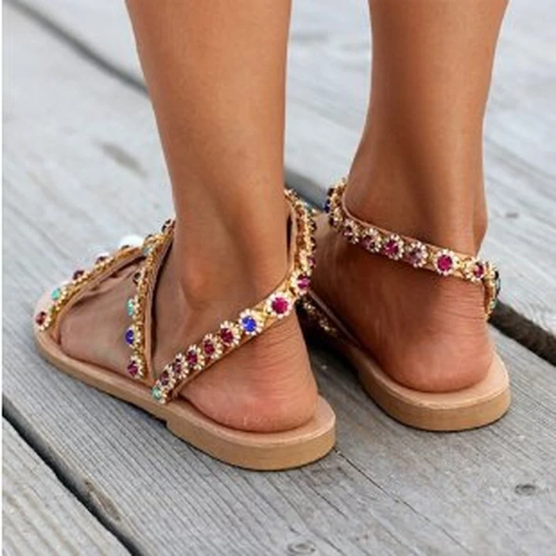 2022 Summer Women Sandals Sweet Boho Pearl Decoration Sandals Leather Flats Plus Size Women Beach Sand Holiday Shoes Zapatos