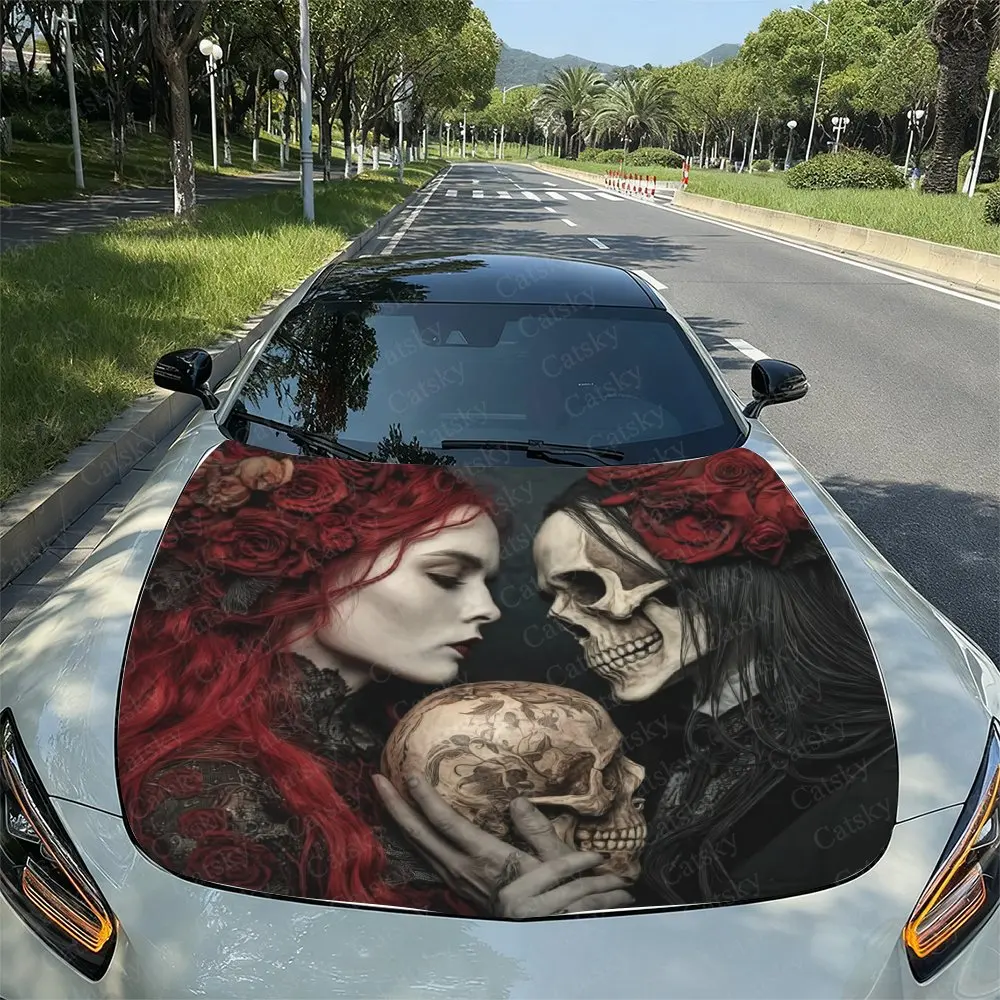 Skeleton Couple Car Hood Vinyl Wraps, PVC Waterproof Car Bonnet Decals, Self-Adhesive Scratch-Resistant Stickers For Engine Cove